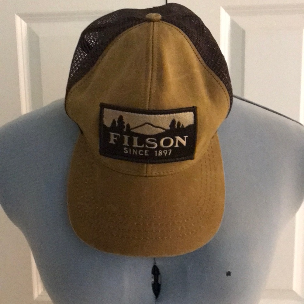Filson Dark Tan & Brown Canvas with Mesh Back Logo Trucker Cap Hat